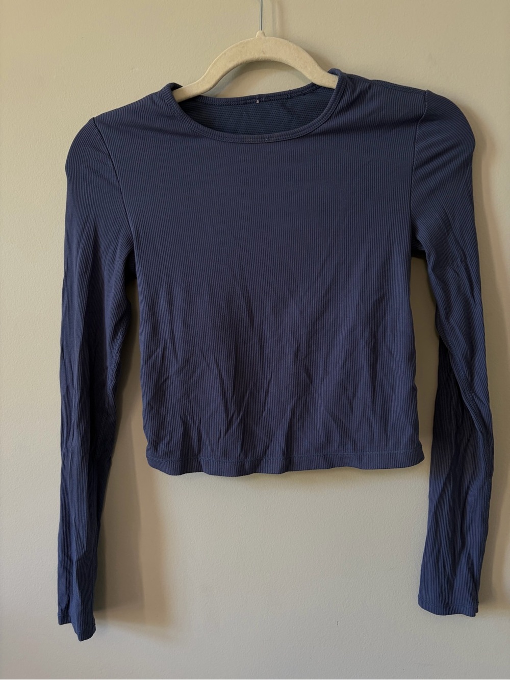 Blue Ribbed Long Sleeve Crop Top